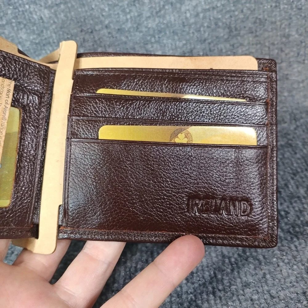 Man of Aran Bifold Wallet Mens Brown Genuine Leather Celtic Shamrock Ireland